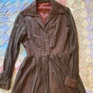 1960s-70s Vintage Brown Lace Prairie Maxi Dress Edwardian Inspired